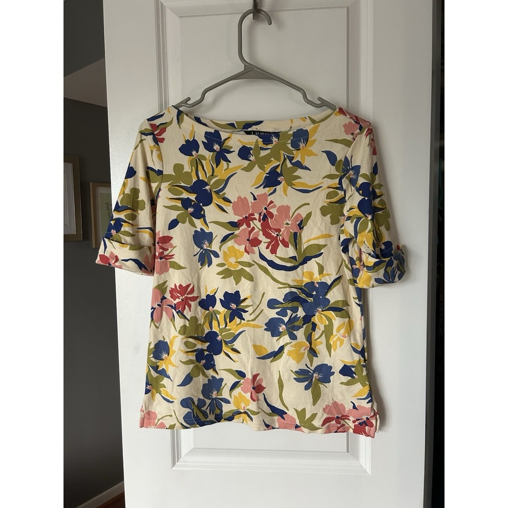 Lauren Ralph Lauren Floral Stretch Cotton Boatneck Tee Rolled Sleeve Size M